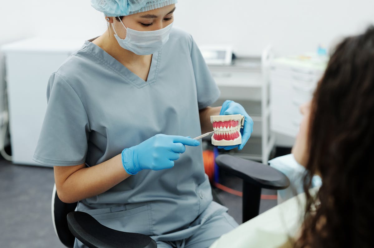 Woman in Blue Scrub Suit Holding Teeth Model